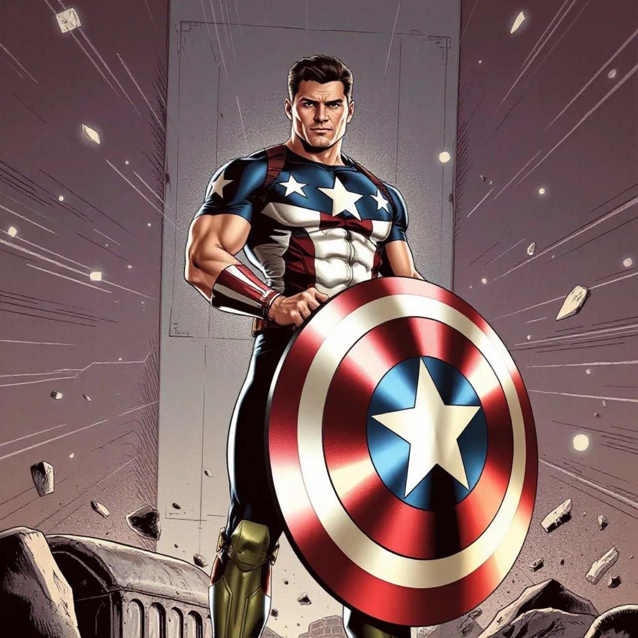 Capitão América de Rob Liefeld, com músculos exagerados, segurando seu escudo e vestindo uniforme estilizado 1990