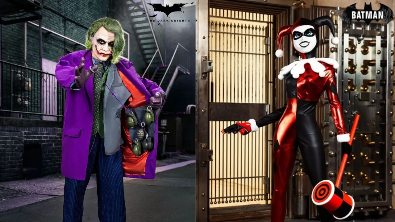 Joker animatrônico de 6 pés, com sorriso sinistro e maquiagem de palhaço, em iluminação sombria de Halloween