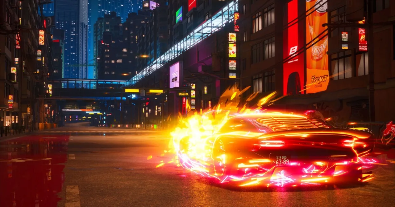 Carro vermelho em alta velocidade faz drift em pista, com ícone de stick único na tela e logo do Screamer ao fundo