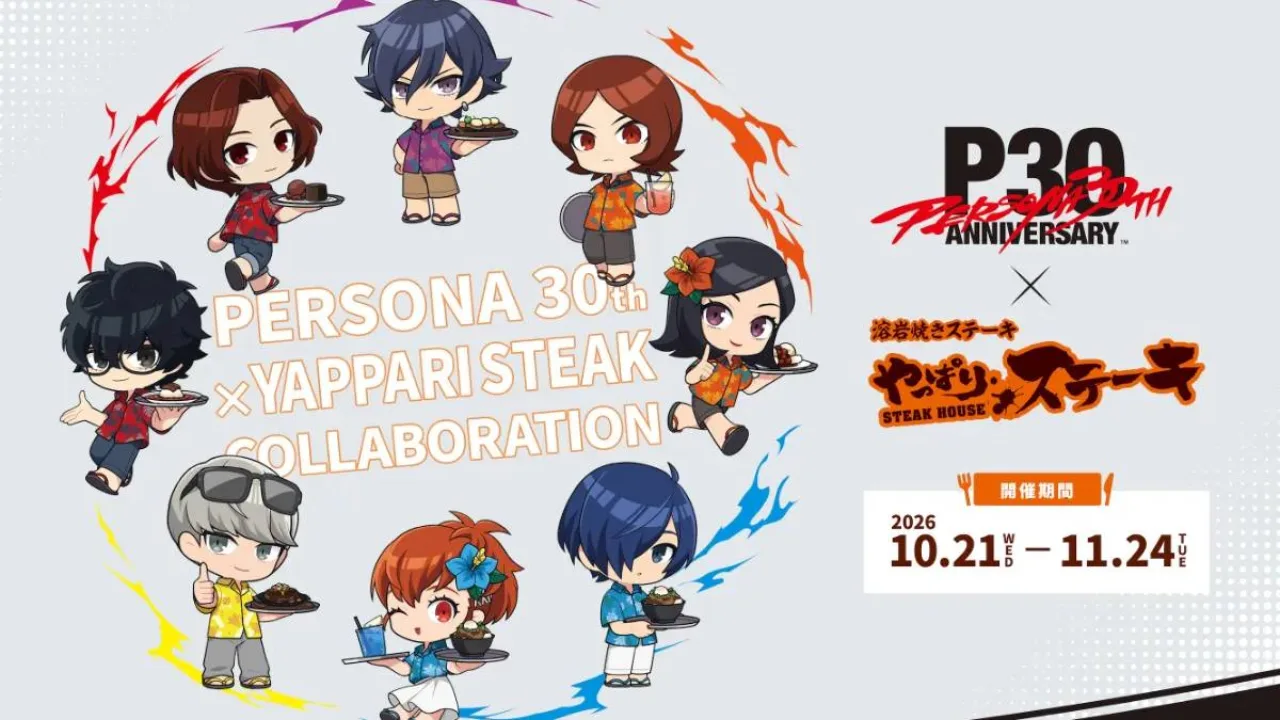 Joker e outros protagonistas de Persona posam ao lado de um prato de bife da Yappari Steak, com o logo da rede ao fundo