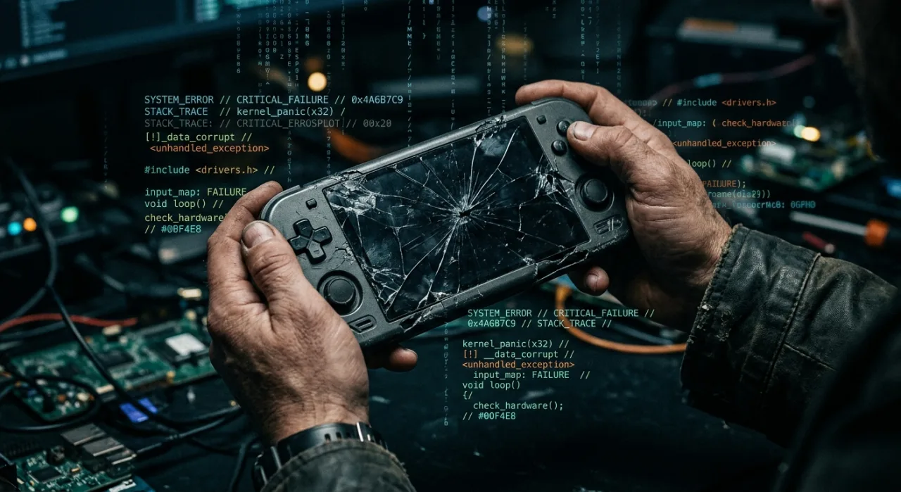 Console Nintendo Switch 2 com tela de código de exploit e logo do SmileBASIC tachado em vermelho