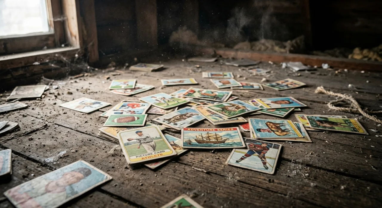 Cartas raras de Pokémon, incluindo um Charizard holográfico, espalhadas sobre uma mesa com etiqueta de US$1,17 mi