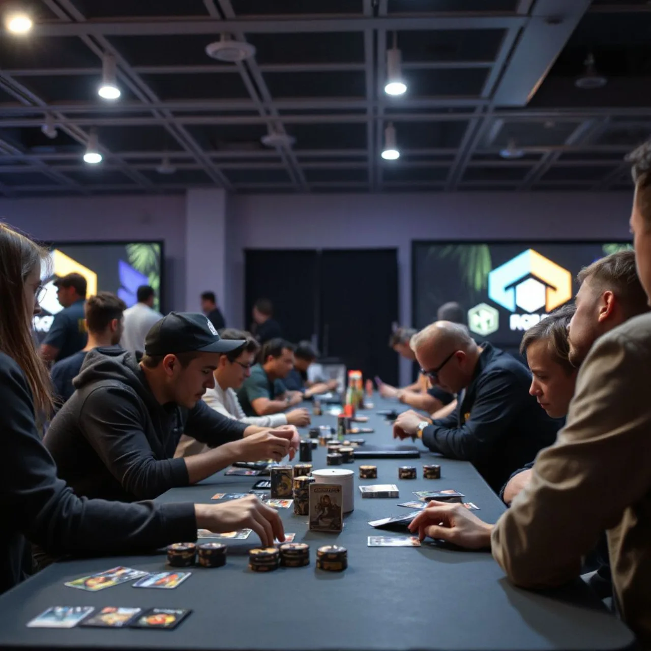 Pessoa jogando card game em mesa com energético e snacks, cercada por consoles retrô e action figures nostálgicos
