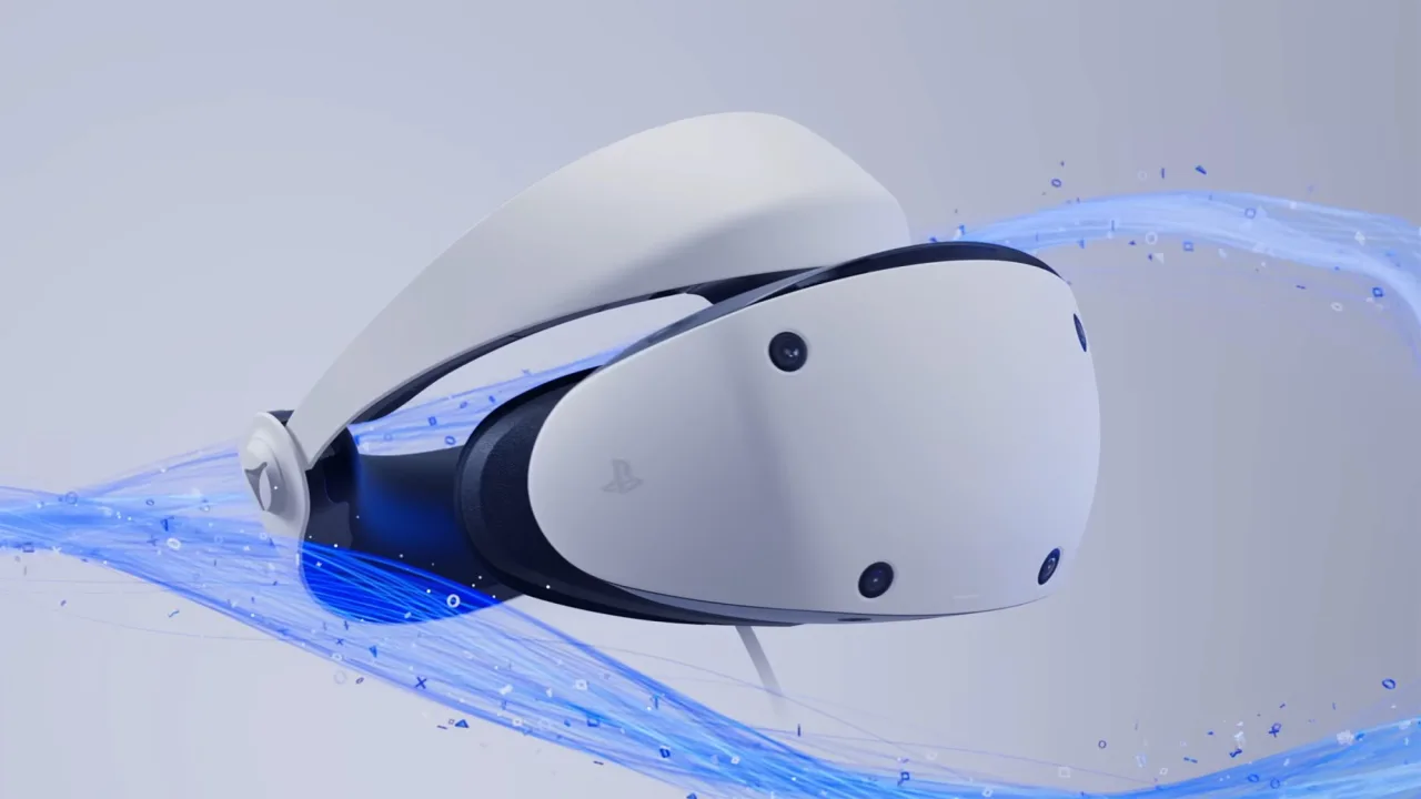 Logotipos da Sony PlayStation e Meta ao lado de um headset de realidade virtual, simbolizando a venda de patentes VR