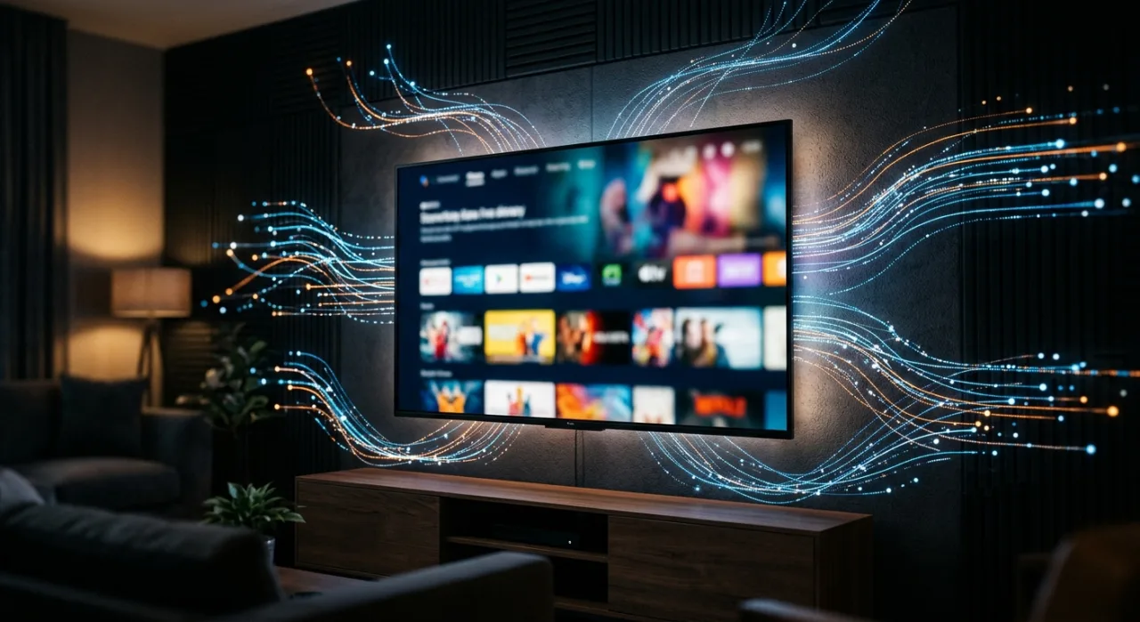 Tela de Smart TV mostrando menu de privacidade com rastreamento desligado, ao lado dos logos Samsung, LG e Sony