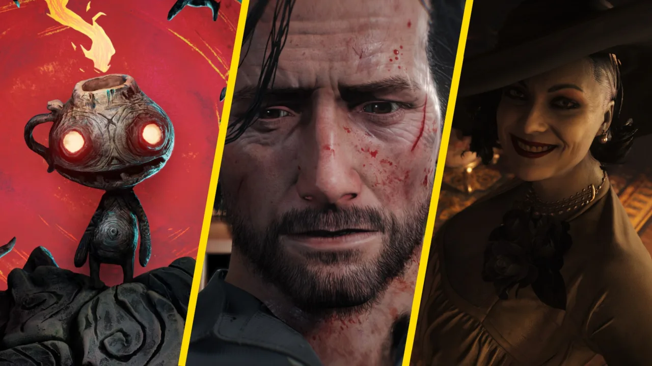 Logo PlayStation Plus sobre fundo escuro, cercado por capas de Resident Evil Village, Outlast 2, Crow Country e outros