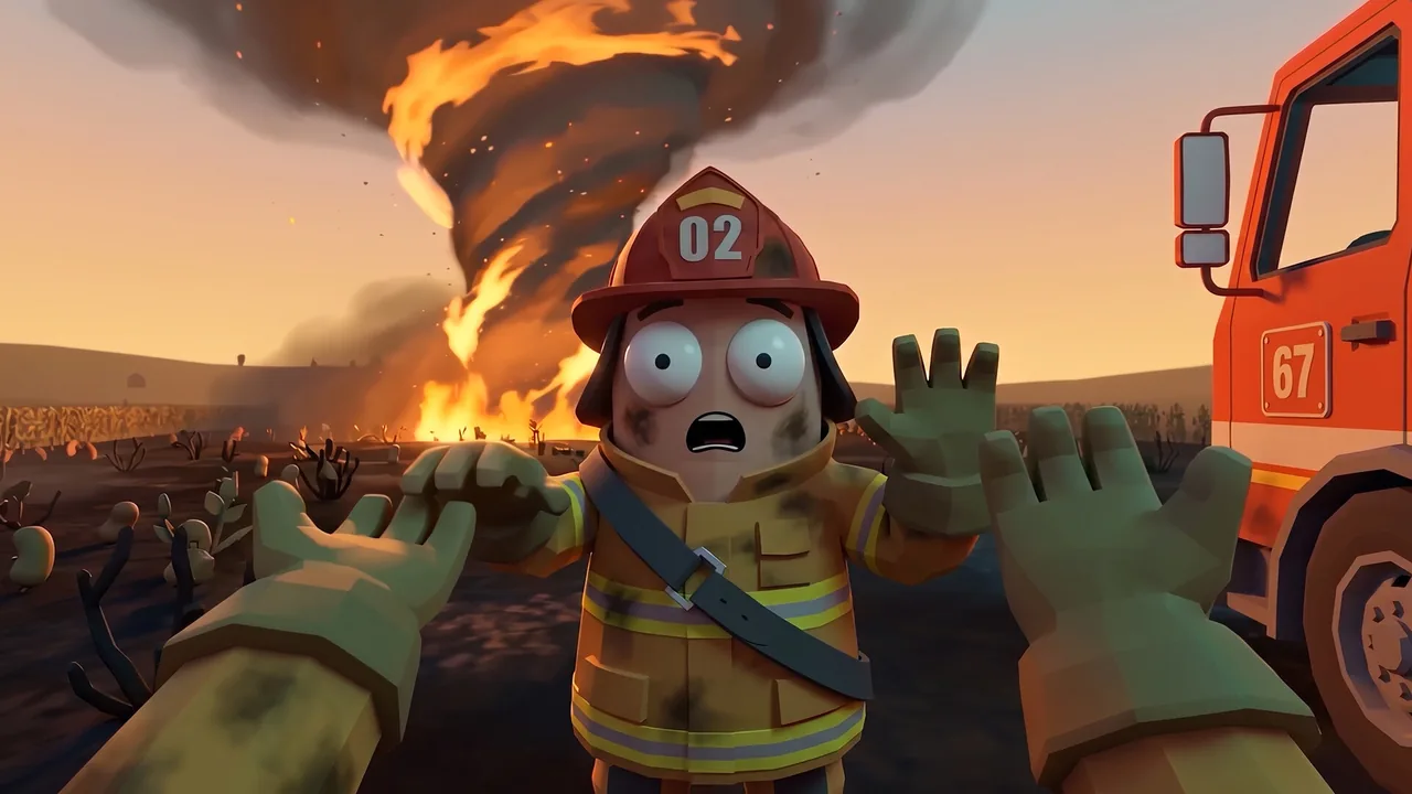 Bombeiro assustado diante de um tornado de fogo em Flame and Blame