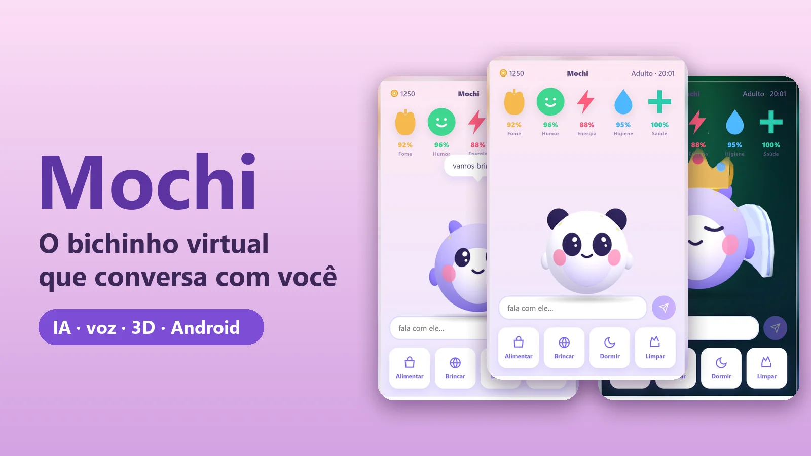 Mochi, o bichinho virtual que conversa, em três telas do app