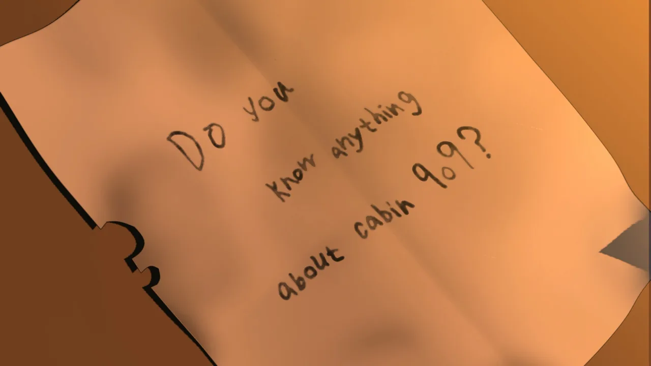 Bilhete com a frase Do you know anything about Cabin 909 no jogo Quiet Express: Cabin 909