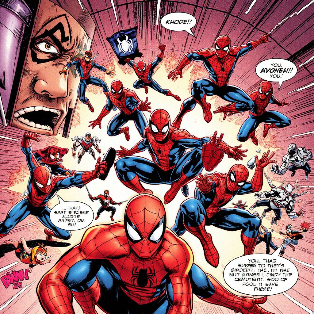 Peter Parker, Ben Reilly, Mary Jane, Aunt May e J. Jonah Jameson aparecem juntos sobre fundo de teia